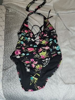 Black Floral One-Piece Halter Swimsuit